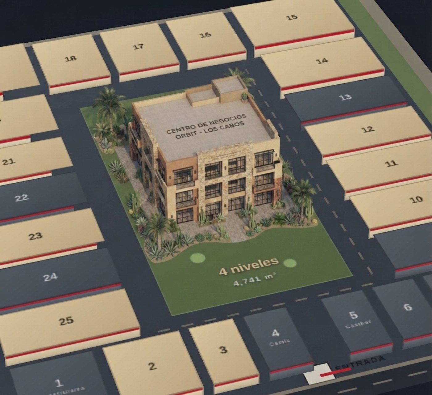 El conjunto completo: Los 25 lotes alrededor del área central de 4,741 m², con la calle privada de 10 metros que da la vuelta entera y el acceso único sobre la carretera.